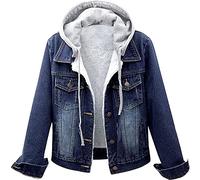 Winter Fleece Lined Denim Jackets Hooded Jean Coats for Women UK Plush Washed Denim Hoodie Vintage Button Down Drawstring Coat with Pockets Long-Sleeved Lightweight Thermal Thick Overcoat