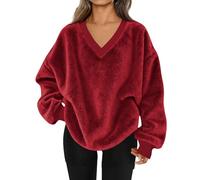 Winter Fleece Tops for Women UK 2025 Fashion Long Sleeve V Neck Oversized Sweatshirt Casual Solid Color Loose Fit Warm Jumper Shirts Comfy Going Out Pullover Blouse