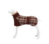 Winter Fleece Warm Large Dog Clothing Fashion Plaid Print Labrador Greyhound Weimaraner Shepherd Jacket With Belt,Dark Brown,XL
