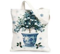 Winter Floral Canvas Tote Bags, Stylish Plant Design Reusable Shopping Bags, Vintage Lightweight Washable Shoulder Strap Ca, White, 13x15 Inch