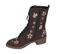 Winter Floral Embroidered Combat Boots for Women,Boho Embroidered Boots,Side Zip Vintage Flower Design Leather Chunky Mid Heel Fall Winter Ankle Booties