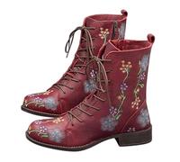 Winter Floral Embroidered Combat Boots for Women,Boho Embroidered Boots,Side Zip Vintage Flower Design Leather Chunky Mid Heel Fall Winter Ankle Booties