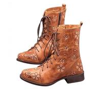 Winter Floral Embroidered Combat Boots,Lace Up Combat Boots for Women,Side Zip Vintage Boho Flower Design Leather Chunky Mid Heel Fall Ankle Booties,Round Toe Short Riding Booties
