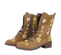 Winter Floral Embroidered Combat Boots,Lace Up Combat Boots for Women,Side Zip Vintage Boho Flower Design Leather Chunky Mid Heel Fall Ankle Booties,Round Toe Short Riding Booties