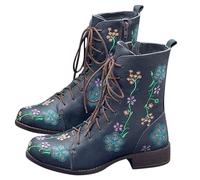 Winter Floral Embroidered Combat Boots,Lace Up Combat Boots for Women,Side Zip Vintage Boho Flower Design Leather Chunky Mid Heel Fall Ankle Booties,Round Toe Short Riding Booties