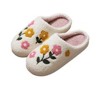 Winter Floral Print Women's Indoor Slippers Cozy Warm Winter Shoes Soft Comfortable Sole For Ladies Home Wear (White, 3. 5)