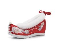 Winter Flower Embroidered Hanfu Ankle Boots Women's Plush Lined Traditional Chinese Style Wedding Shoes Stage Performance Oriental Shoes With Tassels And Beads(Red,38 EU)