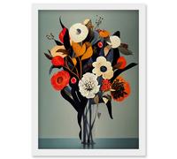 Winter Flower Floral Bouquet Orange Navy Cream Modern Acrylic Paint Artwork Framed Wall Art Print A4 Artery8 White One Size