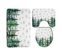 Winter Forest 3 Piece Bath Mat Watercolor Christmas Tree Pine Snow Snowflake Xmas Spruce Rustic Holiday 3 Piece Bath Rug Sets,17.8"x29.5"Bath Mat,Toilet Seat Cover, U-Shaped Toilet