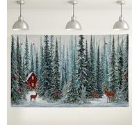 Winter Forest Backdrop, Snowy Landscape Rustic Party Decorations, Deer and Cabin Scene for Holiday Photography Christmas Events 71x43 Inch