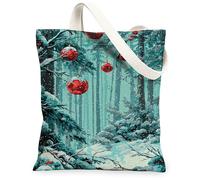 Winter Forest Canvas Tote Bags, Holiday Ornaments Design Lightweight Washable Shoulder Strap Grocery Bags for Travel Shopping Beach Picnic 13x15 Inch