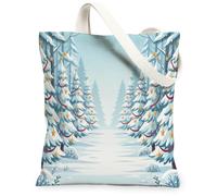 Winter Forest Christmas Tree Scene Pine Trees Canvas Tote Bag 13x15 Inch | Winter Forest Scenery, Golden Star Ornaments, Festive Ribbon Decorations, Serene Snowy Landscape, Seasonal Home Accents