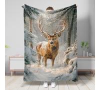 Winter Forest Deer Blanket, Brown Majestic Stag Snowy Landscape Throw Blanket, Cozy Soft Flannel Warm Sleep Blanket for Sofa, Bed, All Seasons 40x50 Inch