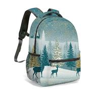 Winter Forest Deer Foxes Pine Tree 16 Inch Backpack Snowflakes Cartoon Illustration Colorful Animals All Over Print Daypack (08)