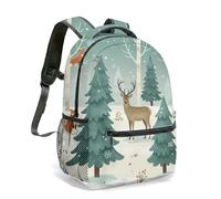 Winter Forest Deer Foxes Pine Tree 16 Inch Backpack Snowflakes Cartoon Illustration Colorful Animals All Over Print Daypack (04)