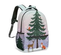 Winter Forest Deer Foxes Pine Tree 16 Inch Backpack Snowflakes Cartoon Illustration Colorful Animals All Over Print Daypack (02)