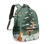 Winter Forest Deer Foxes Pine Tree 16 Inch Backpack Snowflakes Cartoon Illustration Colorful Animals All Over Print Daypack (01)