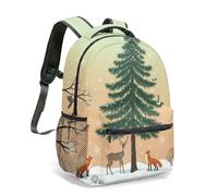 Winter Forest Deer Foxes Pine Tree 16 Inch Backpack Snowflakes Cartoon Illustration Colorful Animals All Over Print Daypack (03)