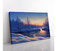 Winter Forest Lake Sunrise Canvas Wall Art Print Ready to Hang, Framed Picture for Living Room Bedroom Home Office Décor, 60x40 cm (24x16 Inch)