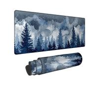 Winter Forest Large Gaming Mouse Pad, Dark Blue Watercolor Pine Trees Stitched Edge Mousepad, Rubber Non-Slip Washable Gaming Mouse Pad for Home and Office Computer, Laptop 12x32 Inch