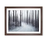 Winter Forest Pine Trees Framed Wall Art Print A2 Walnut