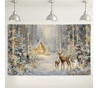 Winter Forest Scene Backdrop, Snowy Landscape Photography Background, Deer and Cabin Holiday Decorations for Christmas Party Events 71x43 Inch
