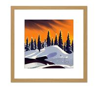 Winter Forest Snowy Mountains Landscape Tree Line at Sunset Painting Square Wooden Framed Wall Art Print Picture 8X8 Inch Artery8 Light Oak One Size