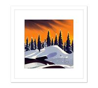Winter Forest Snowy Mountains Landscape Tree Line at Sunset Painting Square Wooden Framed Wall Art Print Picture 8X8 Inch Artery8 White One Size