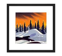 Winter Forest Snowy Mountains Landscape Tree Line at Sunset Painting Square Wooden Framed Wall Art Print Picture 8X8 Inch Artery8 Black One Size