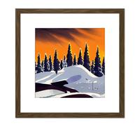 Winter Forest Snowy Mountains Landscape Tree Line at Sunset Painting Square Wooden Framed Wall Art Print Picture 8X8 Inch Artery8 Brown One Size