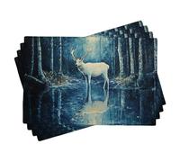 Winter Forest Stag Placemats Set of 4, Blue Nature Wildlife Place mats for Dining Table, Non-Slip Washable Indoor Outdoor Decorative Placemats 18x12 Inch