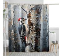 Winter Forest Woodpecker Shower Curtain, Colorful Bird and Tree Art Shower Curtain for Bathroom Decor, Cold Season Modern Rustic Waterproof Fabric Shower Curtain Set with Hooks 62x72 Inch