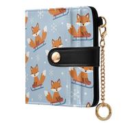 Winter Fox Christmas Blue Pattern Small Women Wallet PU Leather RFID Blocking Bifold Compact Card Holder with Zipper Coin Pocket Purse for Ladies Girls Women