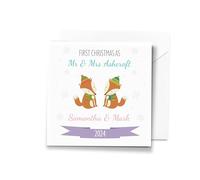 Winter Fox First Christmas as Mr & Mrs Personalised 2025 Christmas Card (Mr & Mr or Mrs & Mrs) - Card for Newly Weds, 1st Married Christmas, Same Sex Couple Christmas Card