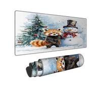 Winter Fox Large Gaming Mouse Pad, Cute Red Panda and Snow Man Design, Rubber Non-Slip Washable Mousepad for Home and Office Computer, Laptop 12x32 Inch