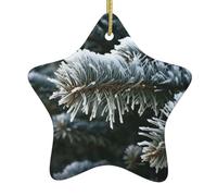 Winter Frost on Spruce Tree Christmas Ceramic Star Ornament with Hanging Ribbon, Holiday Hanging Decoration for Tree & Home