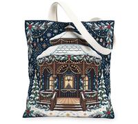 Winter Gazebo Garden Scene Christmas Canvas Tote Bag 13x15 Inch | Snow-covered Pine Trees, Glowing String Lights, Winter Botanical Accents, Nostalgic Garden Architecture
