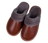 Winter Genuine Leather Slippers Warm Plush Lining Closed Toe Slippers Women Men Indoor Comfort Non-Slip Mules Home Casual Shoes For Living Room Guests Visitor(Brown,37/38 EU)