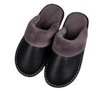 Winter Genuine Leather Slippers Warm Plush Lining Closed Toe Slippers Women Men Indoor Comfort Non-Slip Mules Home Casual Shoes For Living Room Guests Visitor(Black,41/42 EU)