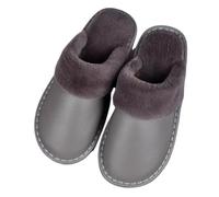 Winter Genuine Leather Slippers Warm Plush Lining Closed Toe Slippers Women Men Indoor Comfort Non-Slip Mules Home Casual Shoes For Living Room Guests Visitor(Grey,39/40 EU)