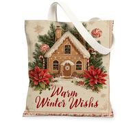 Winter Gingerbread House Canvas Tote Bags, Poinsettia Design Reusable Grocery Bags, Lightweight Washable Shoulder Strap for, Beige, 13x15 Inch