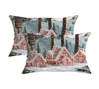 Winter Gingerbread House Pillow Covers Set of 2, Peach Cottage Decorative Square Cushion Covers for Holiday Home Sofa Bed Decor 20x12 Inch