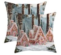 Winter Gingerbread House Pillow Covers Set of 2, Peach Cottage Decorative Square Cushion Covers for Holiday Home Sofa Bed Decor 12x12 Inch