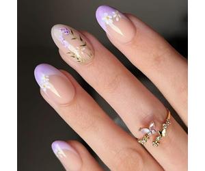 Winter Glossy 24Pcs Lavender Floral False Short Length French Styles Almond Shape Easy Application Glitters Press on