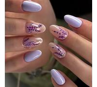 Winter Glossy 24Pcs Lavender Floral False Short Length French Styles Almond Shape Easy Application Short Fake