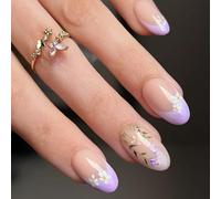 Winter Glossy Press On Nails 24Pcs Lavender Floral False Nails Short Length French Styles Almond Shape Easy Application French Floral False Nail Lavender Purple