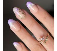 Winter Glossy Press On Nails 24Pcs Lavender Floral False Nails Short Length French Styles Almond Shape Easy Application Short Square Glossy Fake Nail