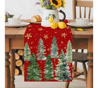 Winter Green Pine Tree Table Runner 72 Inches Long,Table Runners Kitchen Dining Tables Decoration for Home Party Decor, Christmas Gold Snowflake on Red Tables Runner Wedding Dresser Scarf
