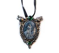 Winter Guardians - Wolf Cameo Oval Cabochon Style Pendant Necklace in Two Howling Wolves and Celtic Knotwork with Two Manmade Crystals, Ribboned - Artwork by Anne Stokes
