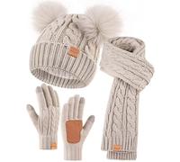 Winter Hat Scarf Glove Set for Women, Warm Fleece Lined Womens Beanie Hat with Double Pom Pom, Gloves with Touchscreen Fingers, Knit Scarf Neck Warmer, Xmas Gift Set for Cold Weather-A-02 Oatmeal